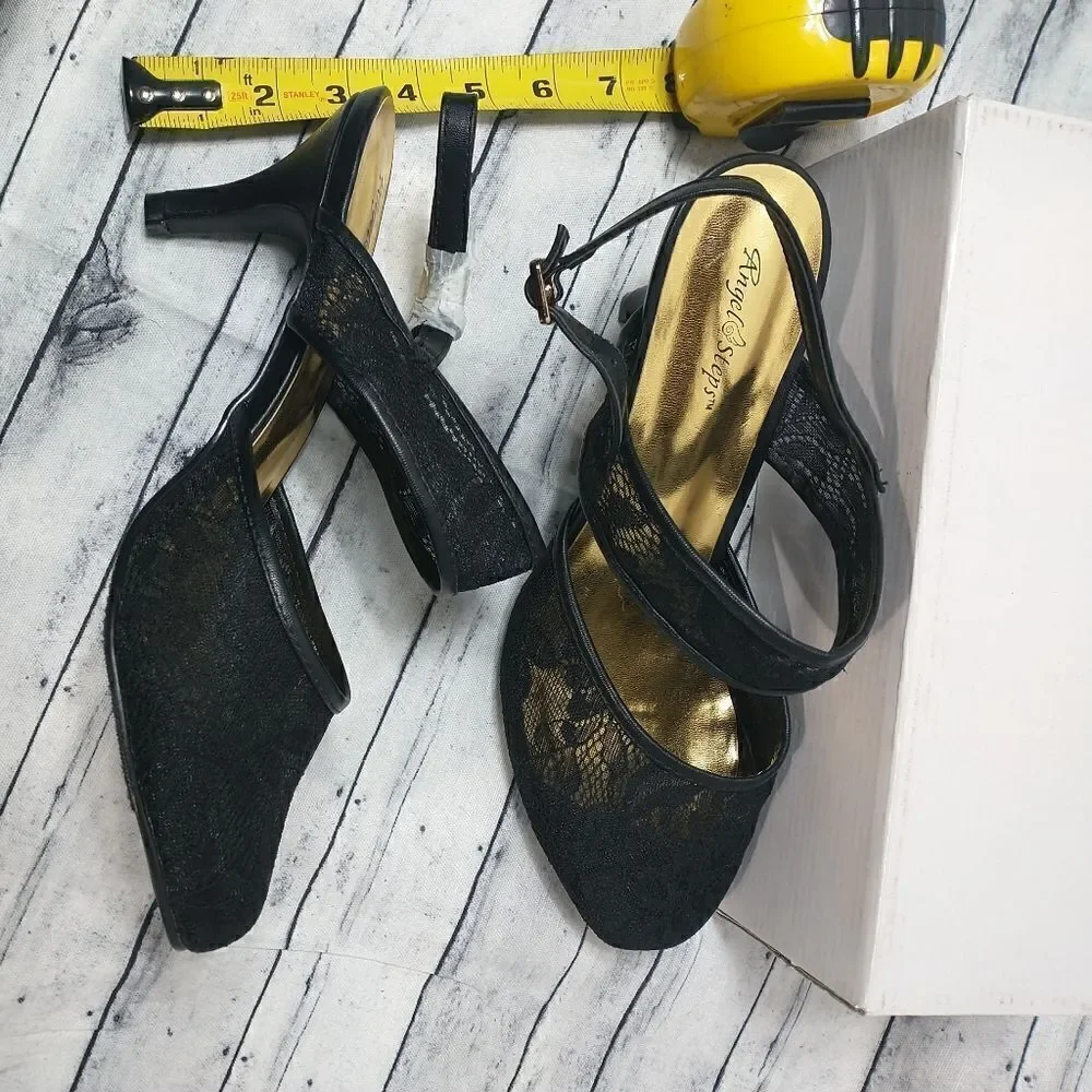 Angel Steps Womens Black Ankle Strap SZ 11W Sandle 2.5in Heel